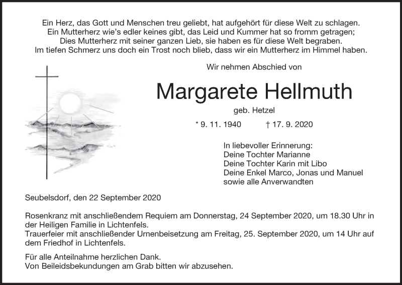  Traueranzeige für Margarete Hellmuth vom 22.09.2020 aus MGO