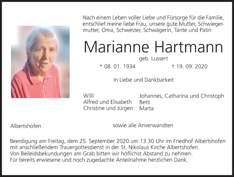  Traueranzeige für Marianne Hartmann vom 22.09.2020 aus MGO