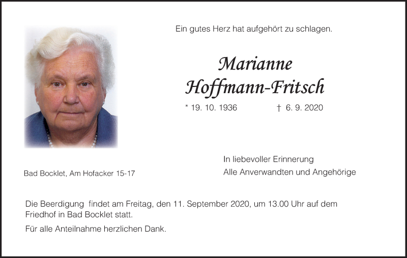  Traueranzeige für Marianne Hoffmann-Fritsch vom 10.09.2020 aus MGO