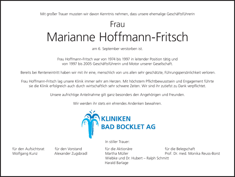  Traueranzeige für Marianne Hoffmann-Fritsch vom 10.09.2020 aus MGO