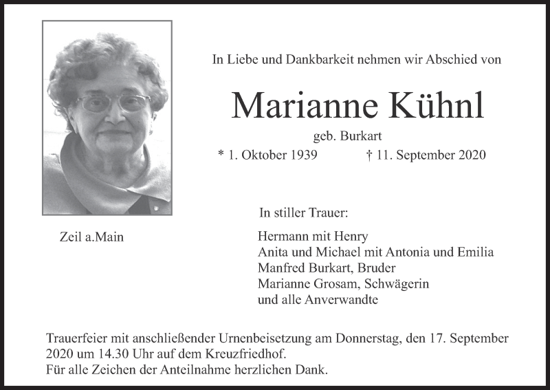  Traueranzeige für Marianne Kühnl vom 14.09.2020 aus MGO