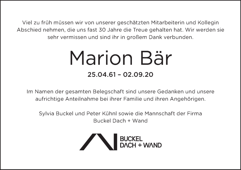  Traueranzeige für Marion Bär vom 08.09.2020 aus MGO