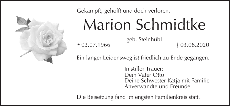  Traueranzeige für Marion Schmidtke vom 05.09.2020 aus MGO