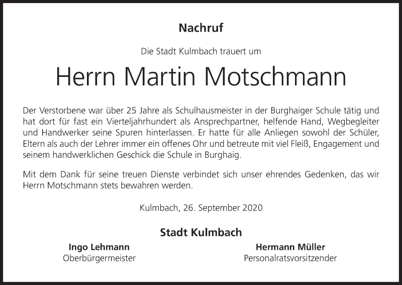  Traueranzeige für Martin Motschmann vom 26.09.2020 aus MGO