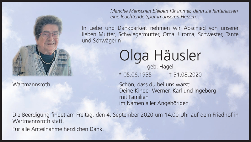  Traueranzeige für Olga Häusler vom 03.09.2020 aus MGO