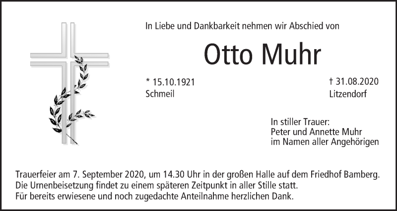  Traueranzeige für Otto Muhr vom 05.09.2020 aus MGO
