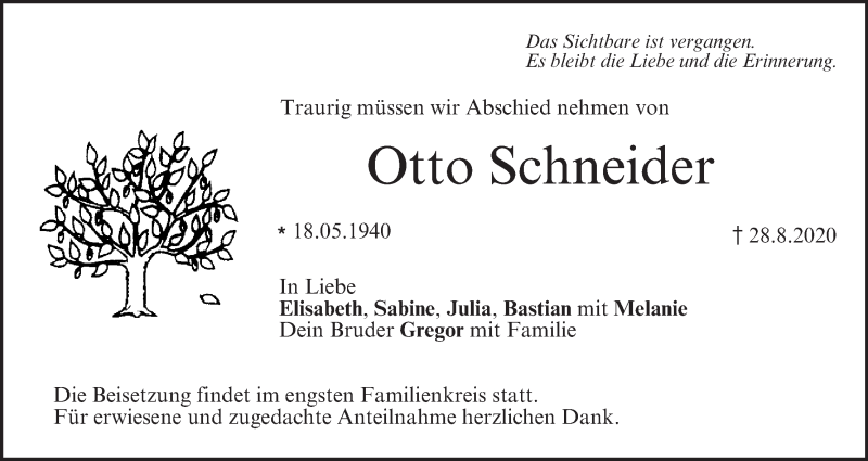  Traueranzeige für Otto Schneider vom 12.09.2020 aus MGO