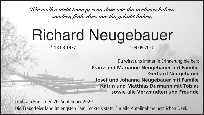  Traueranzeige für Richard Neugebauer vom 26.09.2020 aus MGO