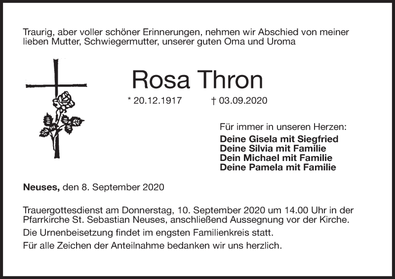  Traueranzeige für Rosa Thron vom 08.09.2020 aus MGO