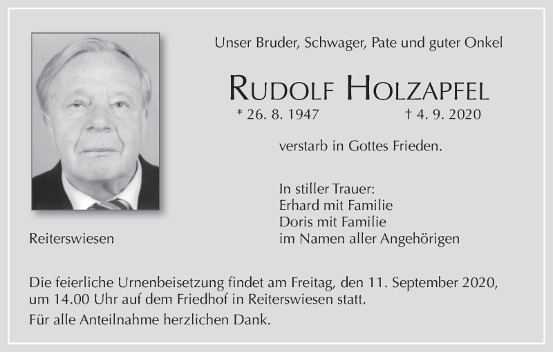  Traueranzeige für Rudolf Holzapfel vom 08.09.2020 aus MGO