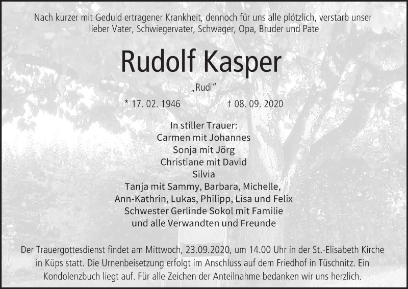  Traueranzeige für Rudolf Kasper vom 19.09.2020 aus MGO