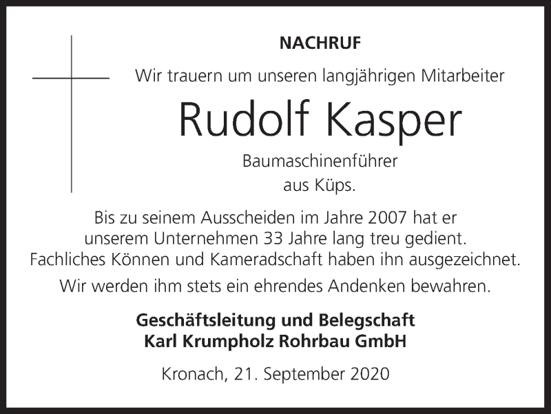  Traueranzeige für Rudolf Kasper vom 23.09.2020 aus MGO