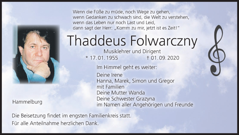  Traueranzeige für Thaddeus Folwarczny vom 08.09.2020 aus MGO