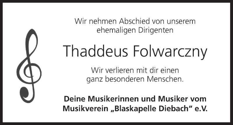  Traueranzeige für Thaddeus Folwarczny vom 12.09.2020 aus MGO