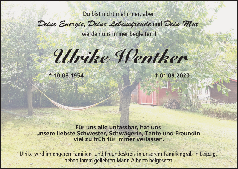  Traueranzeige für Ulrike Wentker vom 12.09.2020 aus MGO