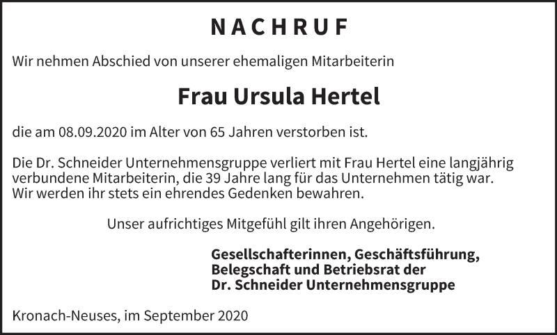  Traueranzeige für Ursula Hertel vom 16.09.2020 aus MGO