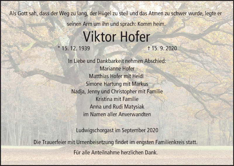  Traueranzeige für Viktor Hofer vom 21.09.2020 aus MGO