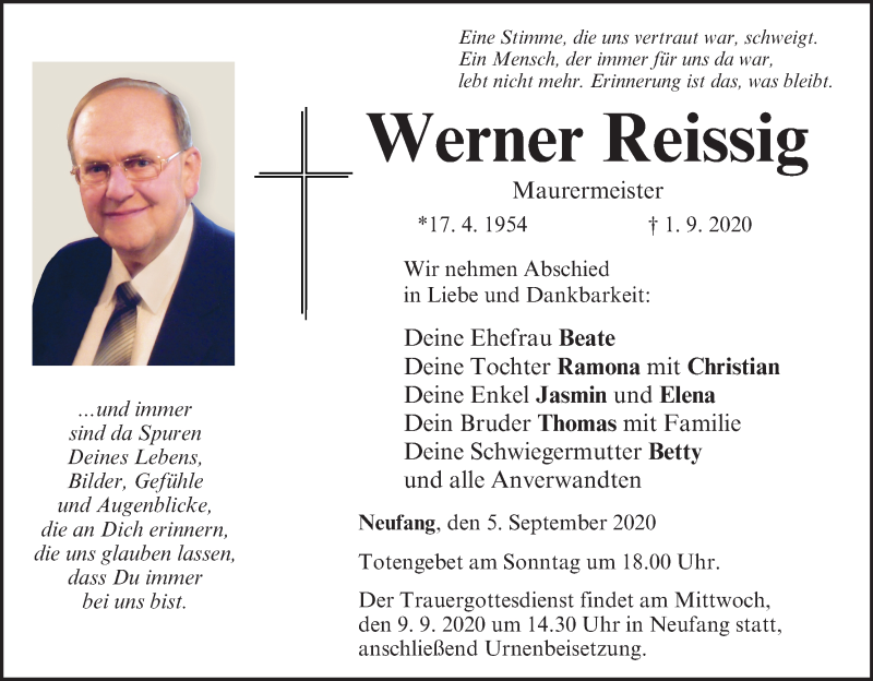  Traueranzeige für Werner Reissig vom 05.09.2020 aus MGO