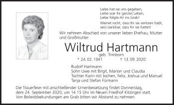 Anzeige von Wiltrud Hartmann von MGO