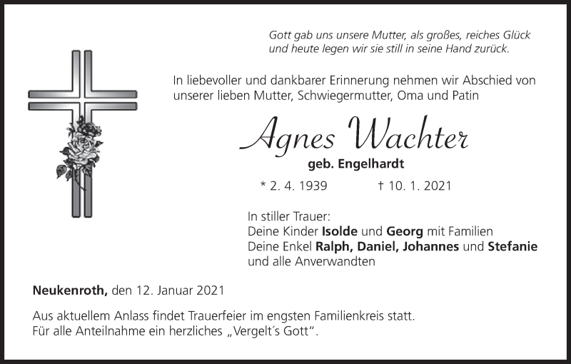  Traueranzeige für Agnes Wachter vom 12.01.2021 aus MGO