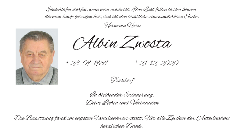  Traueranzeige für Albin Zwosta vom 02.01.2021 aus MGO