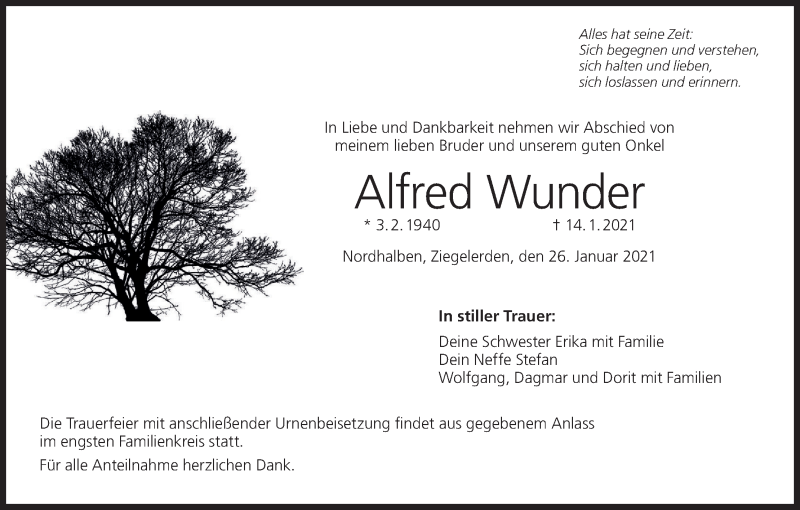  Traueranzeige für Alfred Wunder vom 26.01.2021 aus MGO