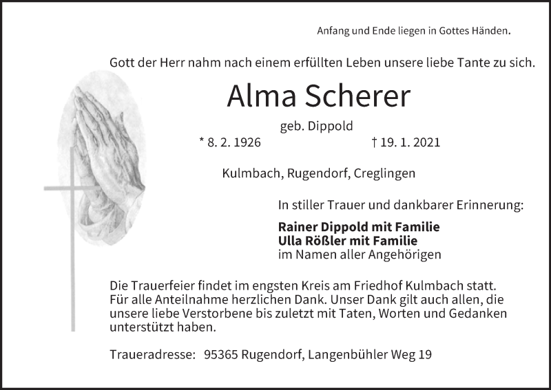  Traueranzeige für Alma Scherer vom 30.01.2021 aus MGO
