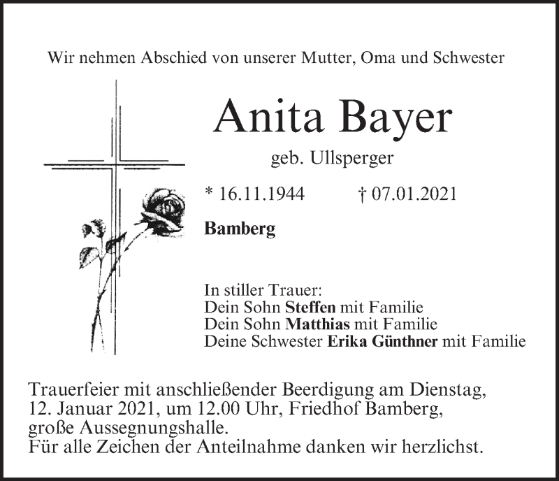  Traueranzeige für Anita Bayer vom 09.01.2021 aus MGO