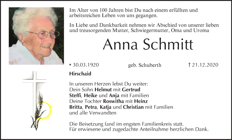  Traueranzeige für Anna Schmitt vom 09.01.2021 aus MGO