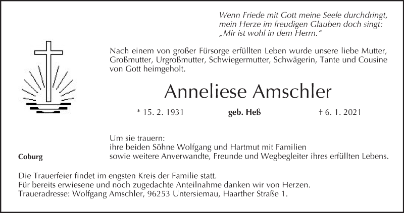  Traueranzeige für Anneliese Amschler vom 09.01.2021 aus MGO