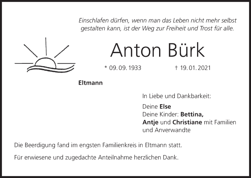  Traueranzeige für Anton Bürk vom 26.01.2021 aus MGO