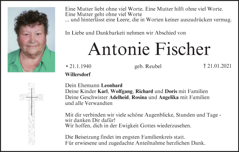  Traueranzeige für Antonie Fischer vom 23.01.2021 aus MGO