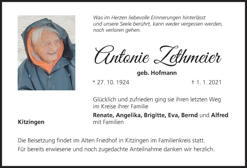  Traueranzeige für Antonie Zethmeier vom 09.01.2021 aus MGO