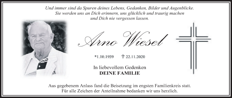  Traueranzeige für Arno Wiesel vom 09.01.2021 aus MGO