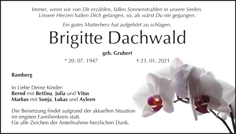  Traueranzeige für Brigitte Dachwald vom 30.01.2021 aus MGO