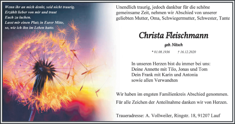  Traueranzeige für Christa Fleischmann vom 31.12.2020 aus MGO