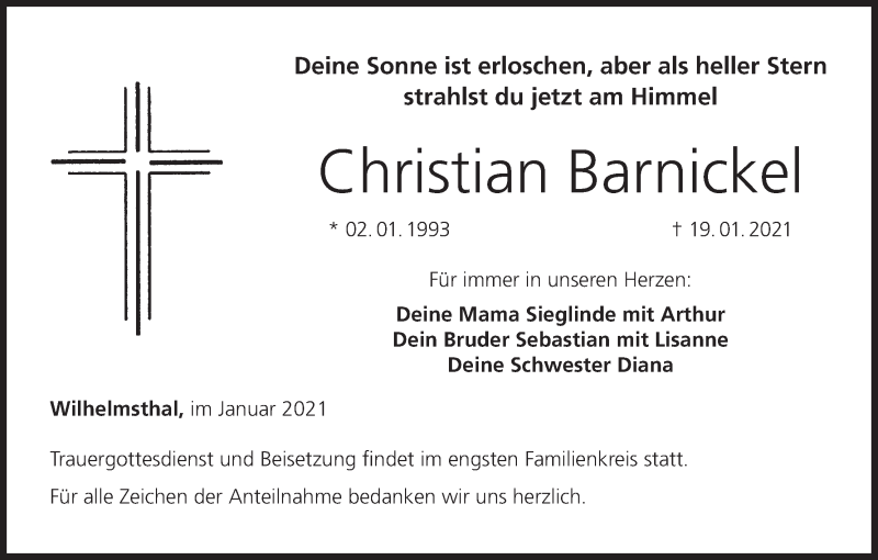  Traueranzeige für Christian Barnickel vom 23.01.2021 aus MGO
