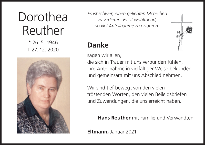  Traueranzeige für Dorothea Reuther vom 13.01.2021 aus MGO
