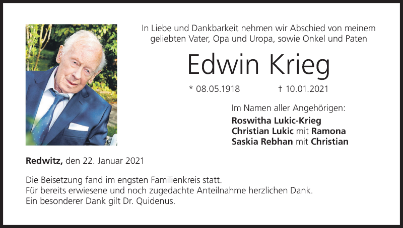  Traueranzeige für Edwin Krieg vom 22.01.2021 aus MGO
