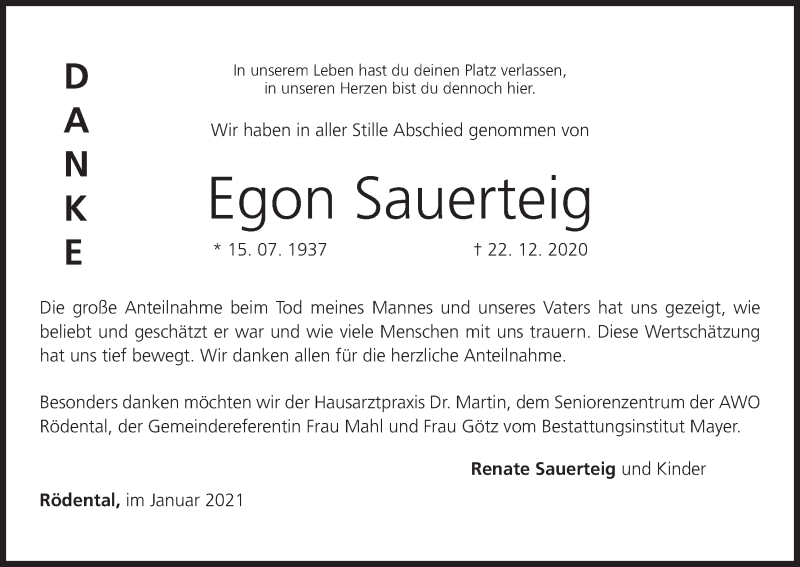  Traueranzeige für Egon Sauerteig vom 16.01.2021 aus MGO
