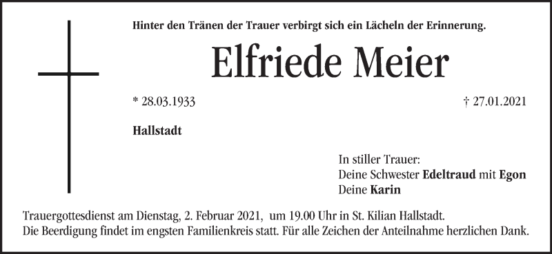  Traueranzeige für Elfriede Meier vom 30.01.2021 aus MGO