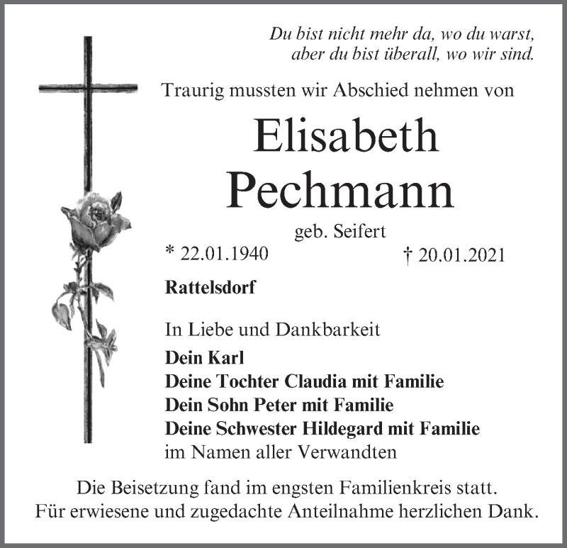  Traueranzeige für Elisabeth Pechmann vom 30.01.2021 aus MGO
