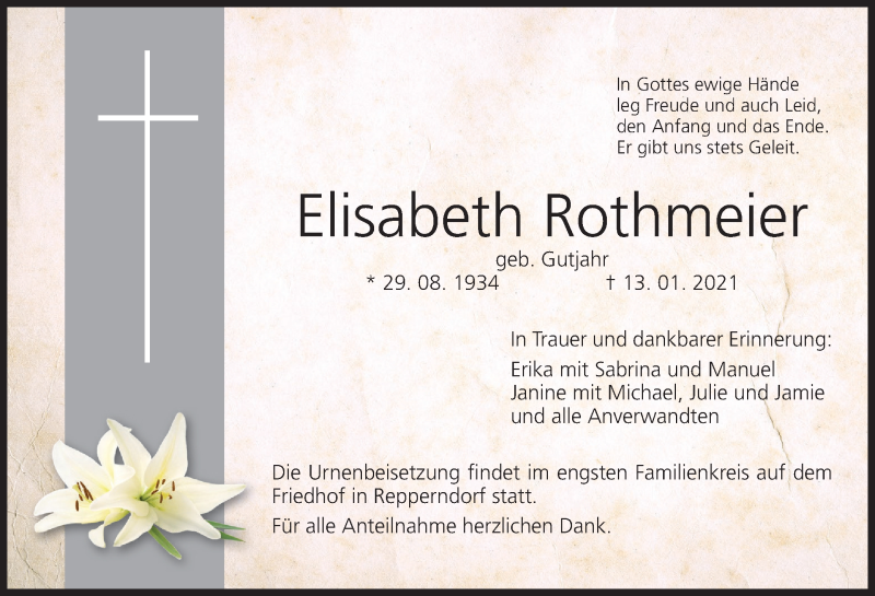  Traueranzeige für Elisabeth Rothmeier vom 16.01.2021 aus MGO