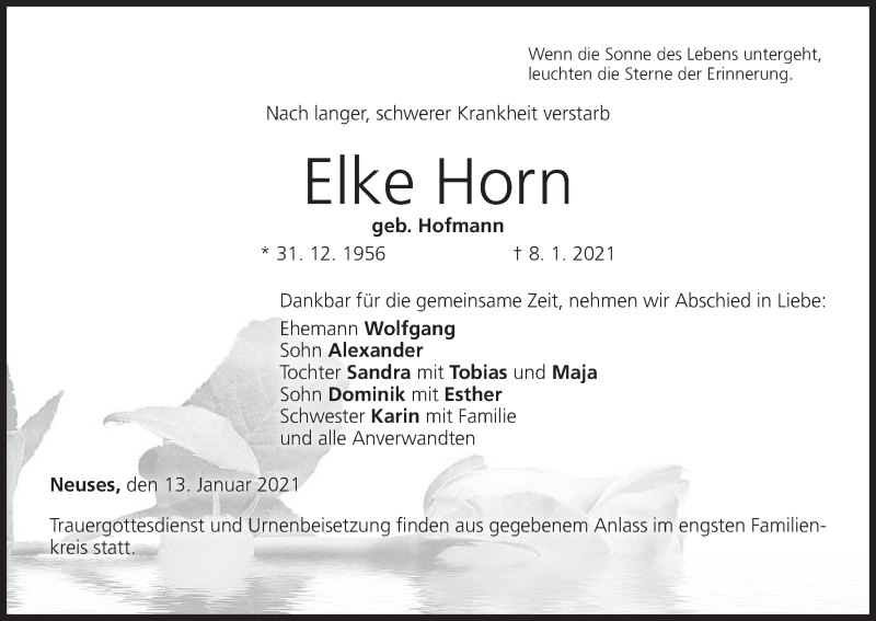  Traueranzeige für Elke Horn vom 13.01.2021 aus MGO