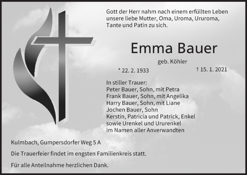  Traueranzeige für Emma Bauer vom 19.01.2021 aus MGO