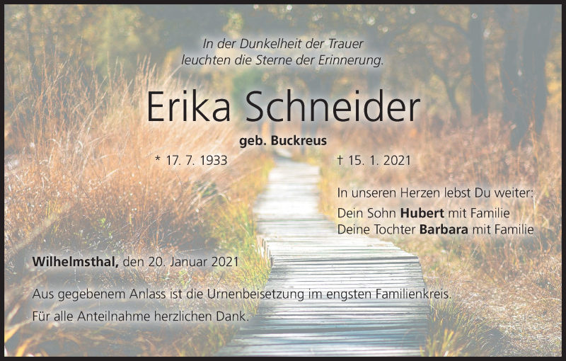  Traueranzeige für Erika Schneider vom 20.01.2021 aus MGO