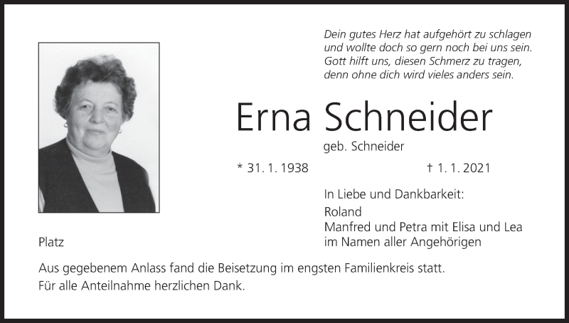  Traueranzeige für Erna Schneider vom 16.01.2021 aus MGO