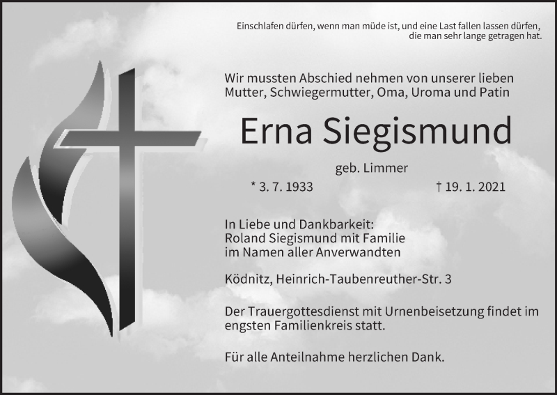  Traueranzeige für Erna Siegismund vom 23.01.2021 aus MGO