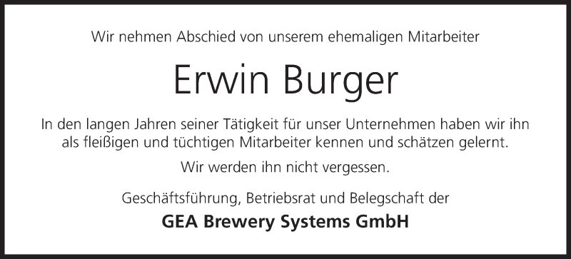  Traueranzeige für Erwin Burger vom 19.01.2021 aus MGO