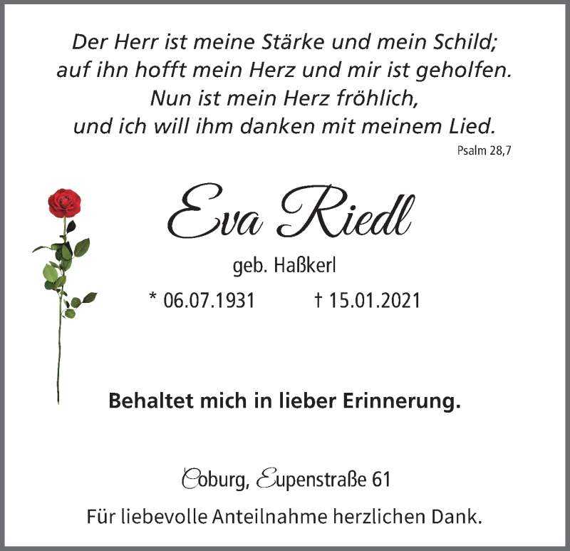  Traueranzeige für Eva Riedl vom 20.01.2021 aus MGO